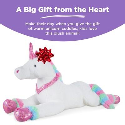 Large White Faux Fur Unicorn Plush Toy with Rainbow Details