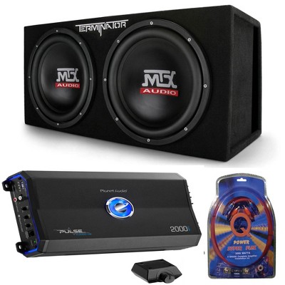 MTX TNP212D2 12" 1200 Watt 4 Ohm Dual Loaded Car Audio Subwoofer Package with Sub Enclosure, Planet 2000W Monoblock A/B Amplifier & 4 Gauge Wiring Kit