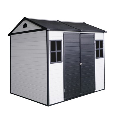 Vynxaria 8x6FT Resin Outdoor Storage Shed with Floor, Two Windows & Lockable Door, Waterproof Tool Shed for Garden/Patio/Backyard, Grey & White