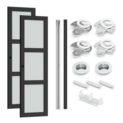 SMARTSTANDARD 78.58 in. Height Tempered 3-Lite Frosted Glass Black Wardrobe Sliding Closet Door with Hardware Kit