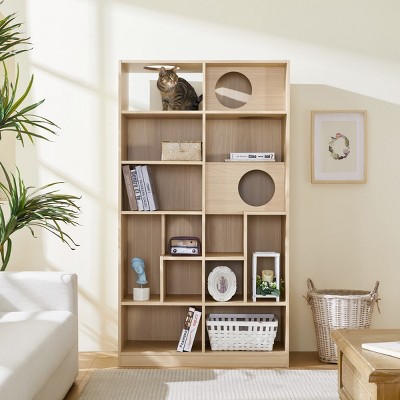 LAOTIES Furniture-Style Cat Tree Bookcase,Modern Wooden Cat Shelves with Storage,Multi-Level Cat Tower And Climbing Furniture for Indoor Cats