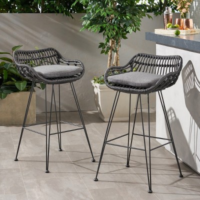 Coolbibila Set Of 2 Polyethylene Rattan Patio Bar Stools,Modern Outdoor Garden Wicker Barstool with Cushions,Metal Frame Low Back Bar Chair
