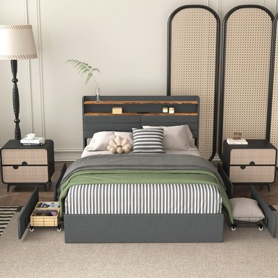 GDFStudio Veyra Modern Wooden Upholstered Platform Bed Frame with 4 Drawers, LED Lights and Charging Port