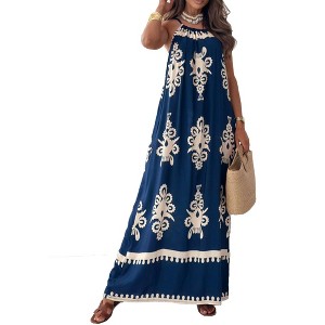 Women's Floral Print Halter Neck Dress Summer Sleeveless Maxi Sundress - 1 of 2