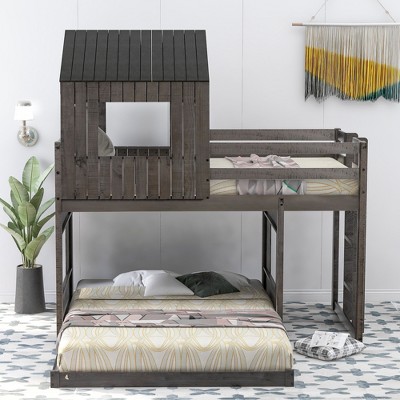 Whisen Playhouse Style L-Shaped Twin Over Full Bunk Bed with Built-in Ladder and Guardrails