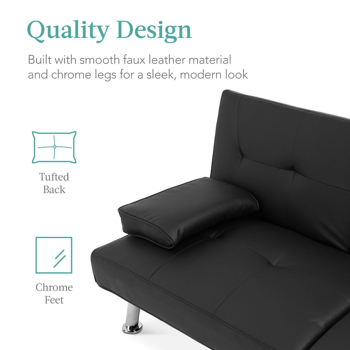 Best Choice Products Modern Faux Leather Convertible Futon Sofa w/ Removable Armrests, 2 Cupholders - Black - thumbnail 5