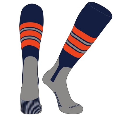 PEAR SOX OTC Baseball Softball Stirrup Socks (E, 7in) Navy, Orange, Silver, SV (M)