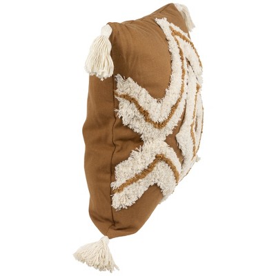 16" Camel Brown Cotton Square Pillow with Tassels