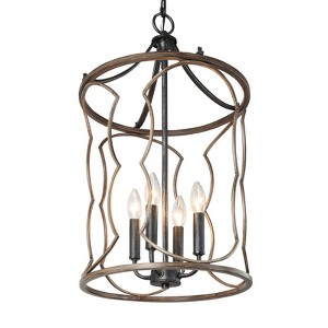 LNC Ribbon 4-Light 13.5" Farmhosue Cylinder Small Chandelier, Brushed Black and Antique Light Brown Wood - 1 of 4