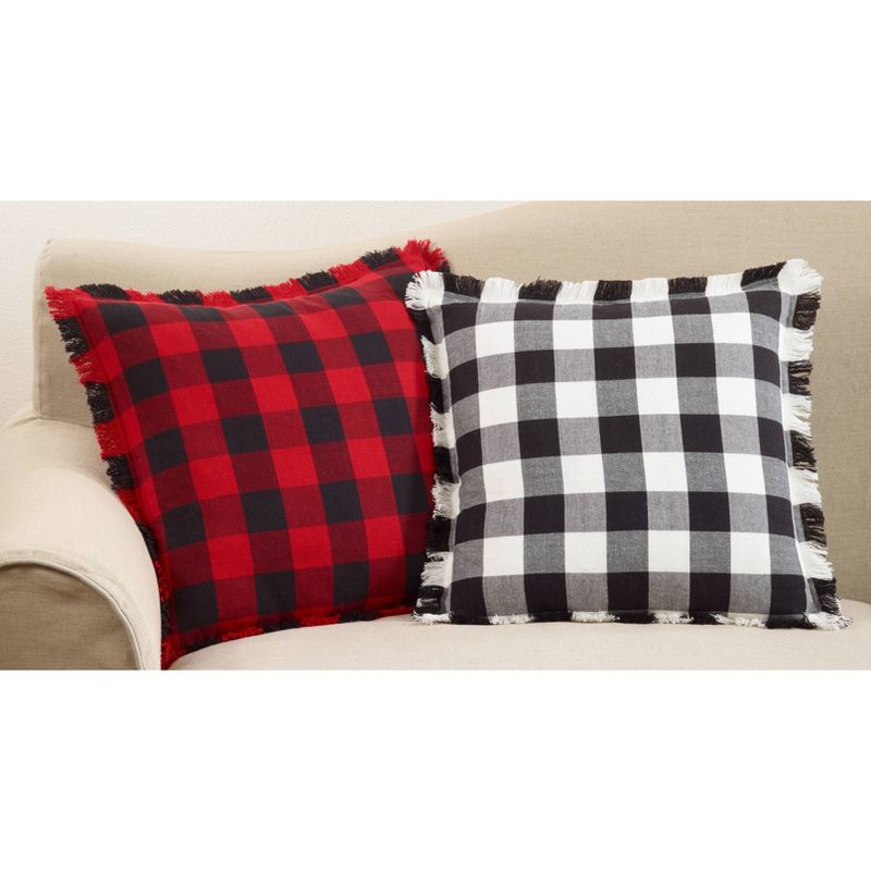 20&#34; Fringed Buffalo Plaid Pillow Down Filled Red - SARO Lifestyle, 4 of 5