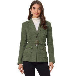 INSPIRE CHIC Women's Faux Suede Belted Lapel Single Breasted Work Outwear Blazer - 1 of 4