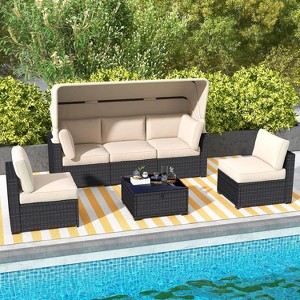 6-Piece Outdoor Patio Set with Waterproof Cushions, Reinforced Glass Table, Canopy & Storage, Durable PE Wicker for Garden and Backyard - 1 of 4