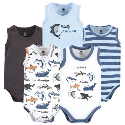 Image of Hudson Baby Infant Boy Cotton Sleeveless Bodysuits, Boy Shark Types, 0-3 Months