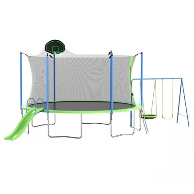 Aukfa 12FT Trampoline with Slide and Basketball Hoop ,with Safety Enclosure Net, for Adults/Kids Outdoor Family Fun