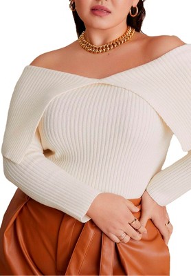 Eloquii Women s Plus Size Ribbed Off The Shoulder Sweater 26 28 Butter Cream Target