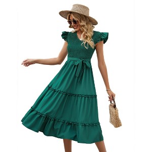 Women's Summer Casual Dresses Cap Ruffle Sleeveless V Neck Smocked Flowy Beach Sundress Belted Tiered Boho Maxi Dress - 1 of 4