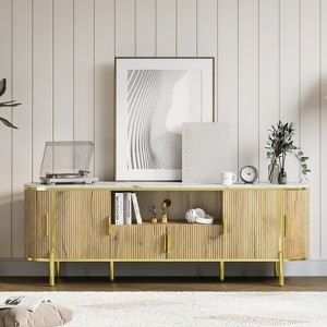 70" Fluted TV Stand with Faux Marble Top, Entertainment Center for TVs Up to 80 Inches, Wood Media Console with Curved Profile Sliding Doors - 1 of 4