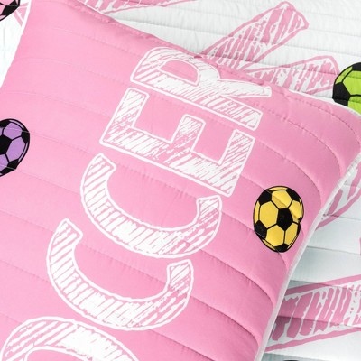 White and Turquoise Reversible Soccer Quilt Set with Pillows