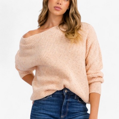 Amaryllis Women's Off-Shoulder Knit Sweater Relaxed Fit Long Sleeves Soft Ribbed Texture Casual Cozy Everyday Pullover