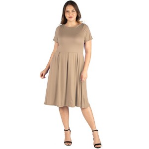 24seven Comfort Apparel Short Sleeve Plus Size  Midi Skater Dress With Pockets - 1 of 4