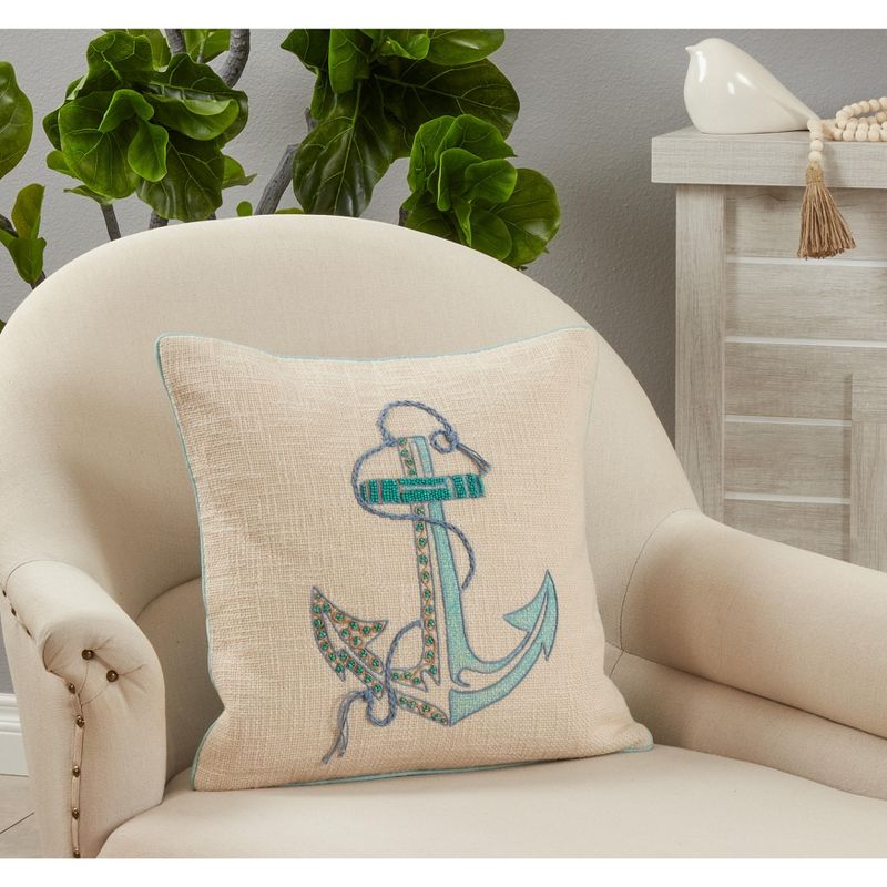 Saro Lifestyle Embroidered Anchor Pillow - Down Filled, 18" Square, Aqua, 3 of 4