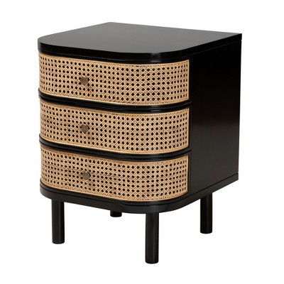 Nabila Black Bayur Wood and Natural Rattan 3-Drawer Nightstand