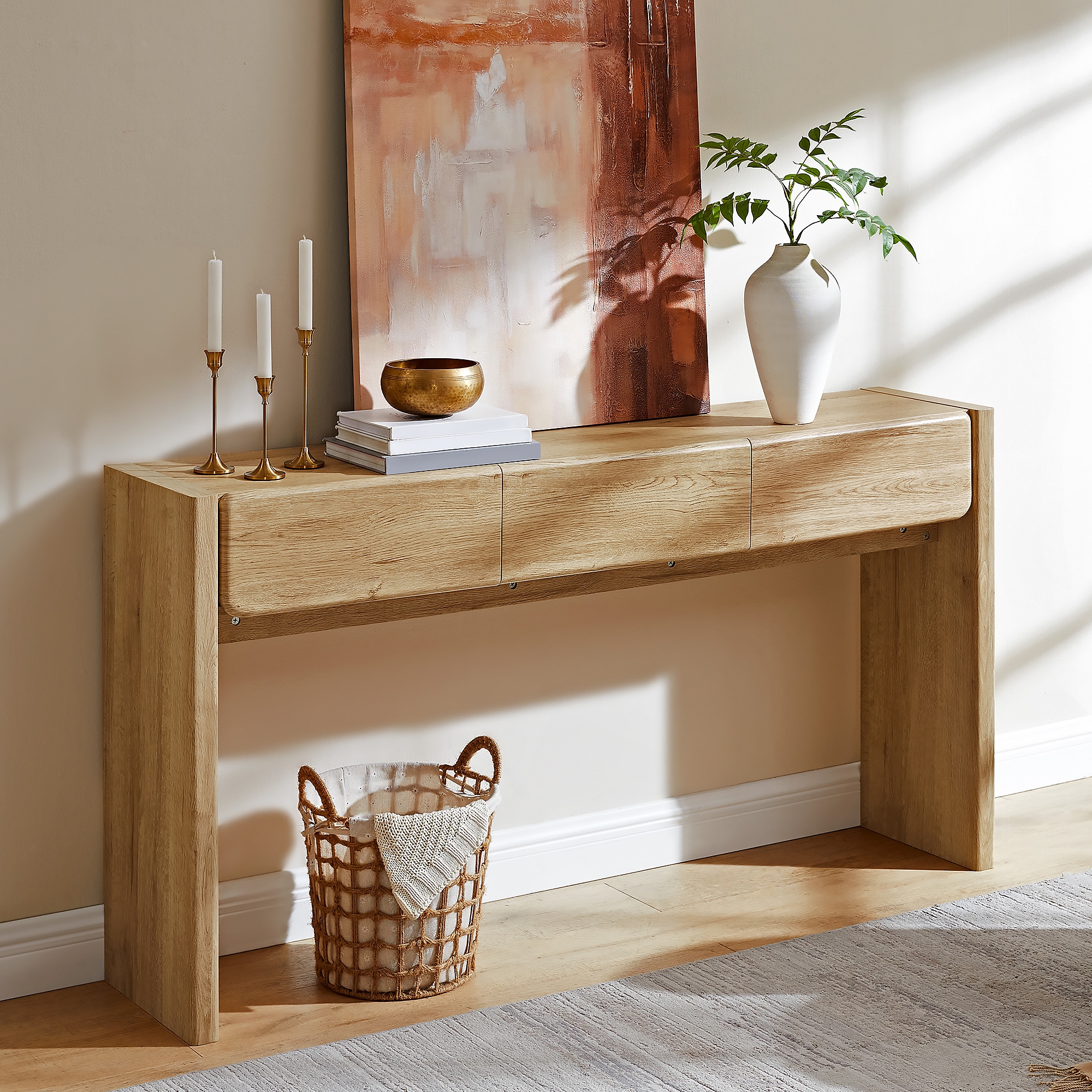 63.2" Console Table with 3 Drawers, Farmhouse Wood Sofa Table Behind Couch, Narrow Entryway Accent Table for Living Room, Hallway, Light Knotty Oak