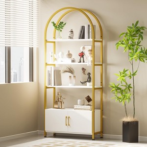 71.5" Arched 4-Tier Bookshelf with Doors Storage Modern Gold Frame Open Bookcase for Living Room Bedroom Office, Gold - 1 of 4