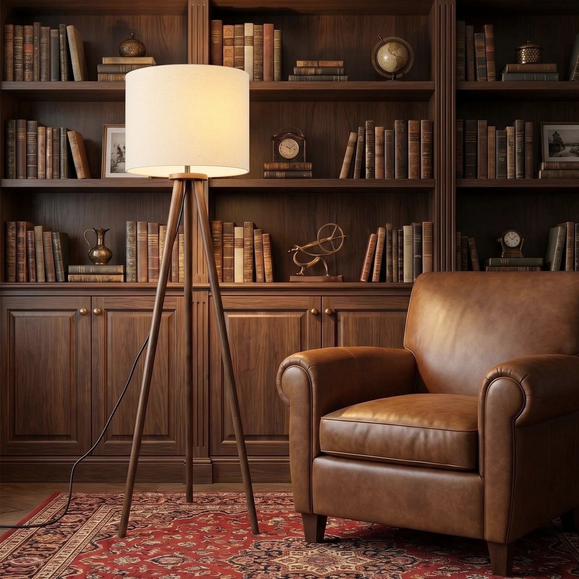 60.5" Nordic Style Tripod Floor Lamp, UL Certified, with Natural Wood Base and Beige Linen Shade, Adjustable Standing Lamp for Bedroom, Living Room