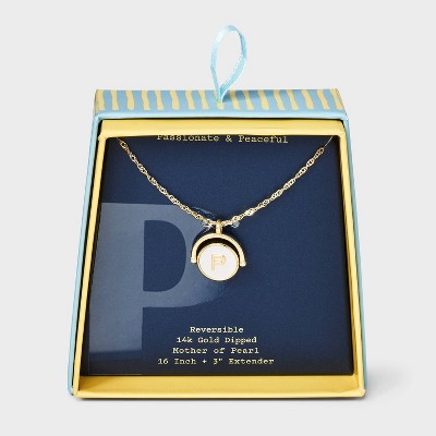 14K Gold Dipped Crystal and Mother of Pearl Circle Spinner Initial Necklace - A New Day™