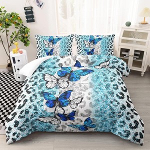 Hachikiko Blue Butterfly & Black White Leopard Comforter Set - Wild Animal Theme Bedding with 2 Pillowcases - 1 of 4