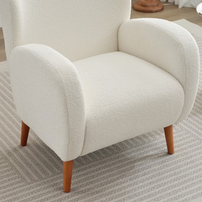 Beige Boucle Wingback Accent Chair with Wood Legs