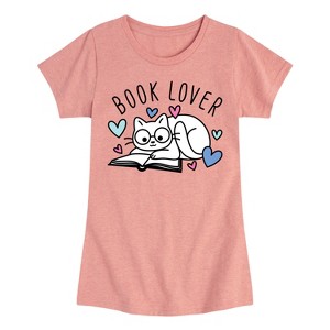 Girls' - Instant Message - Book Lover Cat Fitted Short Sleeve Graphic T-Shirt - 1 of 4