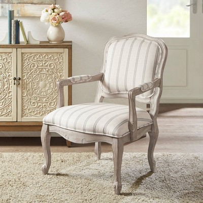 Sophie Accent Chair Natural: Upholstered Stripe, Pillow-Topped Arms, Wood Legs