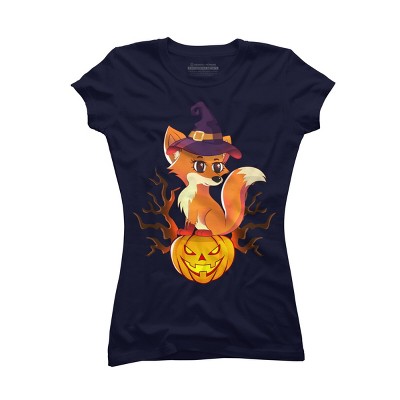Junior's Design By Humans Cute Witch Fox With Jack O Lantern Halloween Shirt By thebeardstudio T-Shirt