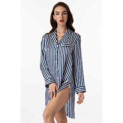 SilkSilky Women's Pure Silk Stripe Print Long Sleeve Nightshirt