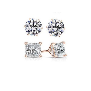 RMZ GOLD NYC 2 Pairs: Round and Princess Cut Rose Gold Stud Earrings - 1 of 1