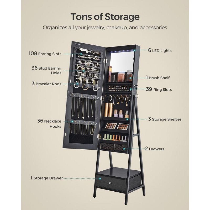 SONGMICS LED Jewelry Cabinet Standing Lockable Jewelry Armoire with Full-Length Mirror Jewelry Organizer Box, 4 of 8