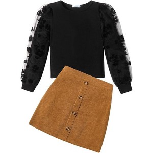 Arshiner Girls 2 Piece Outfits Fall Skirts Set Cute Lattice Dresses and Mesh Sleeve Rib Knit Tops Warm Winter Clothing Sets - 1 of 3