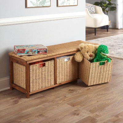 Brown Pine Kid's Storage Bench with Woven Top and Baskets