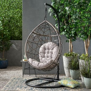 Christopher Knight Home Berkley Outdoor Wicker Tear Drop Hanging Chair with Stand - 1 of 4