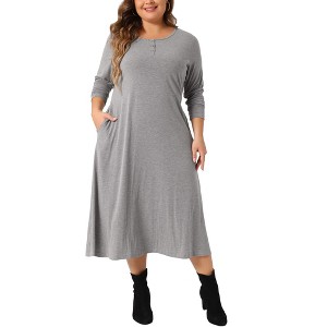 Agnes Orinda Women's Plus Size Crew Neck Button Long Sleeve with Pockets Casual Midi T-Shirt Dress - 1 of 4