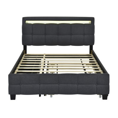 HomeRoots Black Tufted Upholstered Lighted Queen Bed Frame With Trundle And USB And Drawers