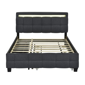 HomeRoots Black Tufted Upholstered Lighted Queen Bed Frame With Trundle And USB And Drawers - 1 of 4