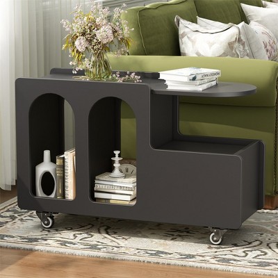 Mobile End Table with Lockable Wheels, Narrow Coffee Table with Storage, Accent Nightstand Sofa Side Table for Living Room Bedroom Office