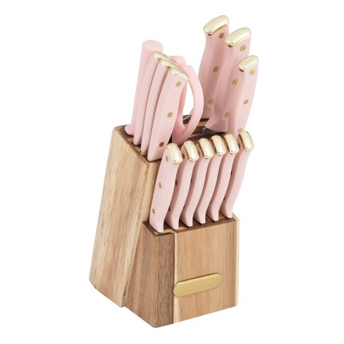 White and Gold Knife Set with Sharpener - 14PC Self Sharpening Knife Block  Set - White and Gold Kitchen Accessories, Gold Kitchen Decor