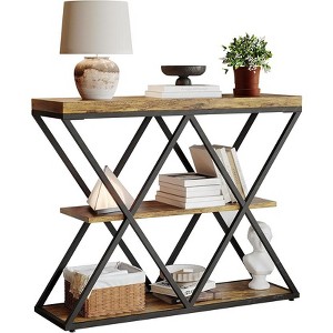 3-Tier Industrial Console Table with x-Shaped Metal Frame, Open Shelf Console Sofa Table for Living Room with Adjustable Feet - 1 of 4