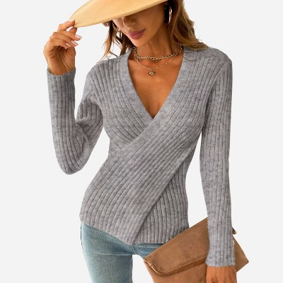 Women's Ribbed Surplice Wrap Sweater - Cupshe-m-gray : Target