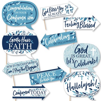 Big Dot of Happiness Funny Confirmation Blue Elegant Cross - Boy Religious Party Photo Booth Props Kit - 10 Piece