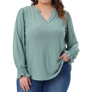 Women's Plus Size Eyelet Hollow Out V Neck Long Ruffle Sleeve Casual Tunic Blouse - Agnes Orinda - 1 of 4